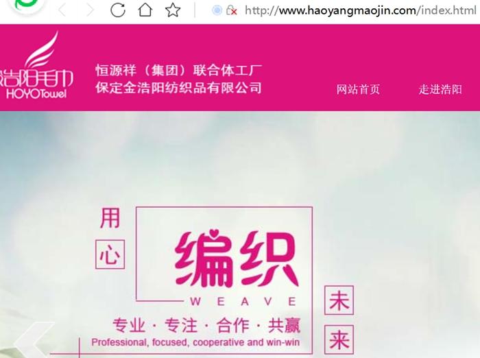 金浩阳毛巾被指用再生棉制作。牵出恒源祥。金浩阳纺织官网截图。